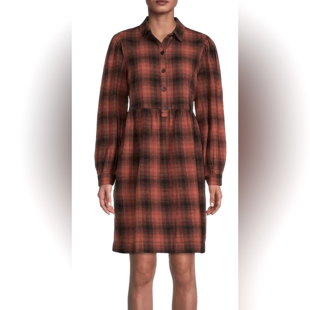 BeachLunchLounge Long Sleeve Josephine Plaid Flannel Babydoll Dress Brick/Black